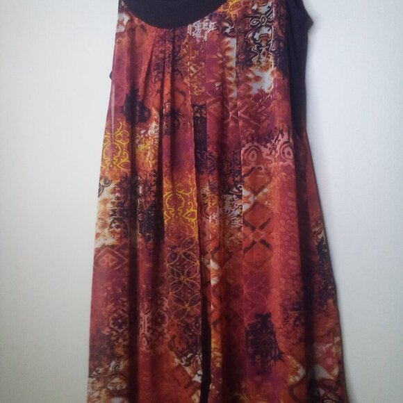 Rodan Dress Women M Sleeveless Open Front Flowing Black Orange Red - Picture 9 of 15